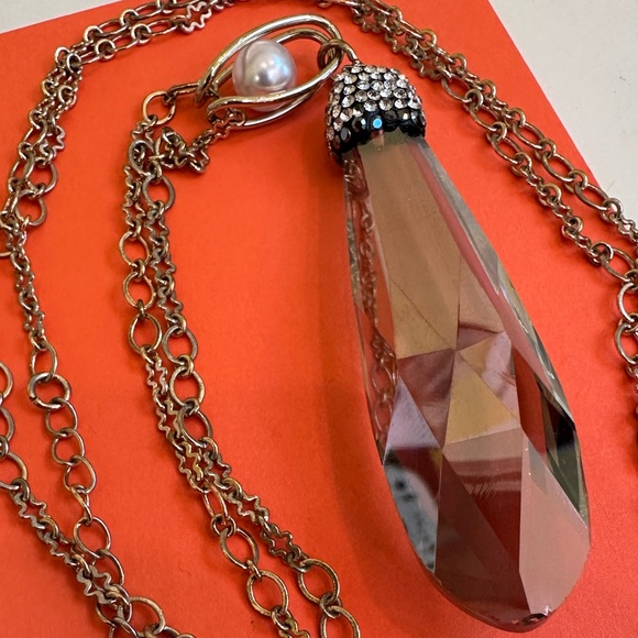 Pendant Necklace EUC Gold Chain-Heavy faceted smoky Crystal Capoed Glass + Pearl - Picture 3 of 5